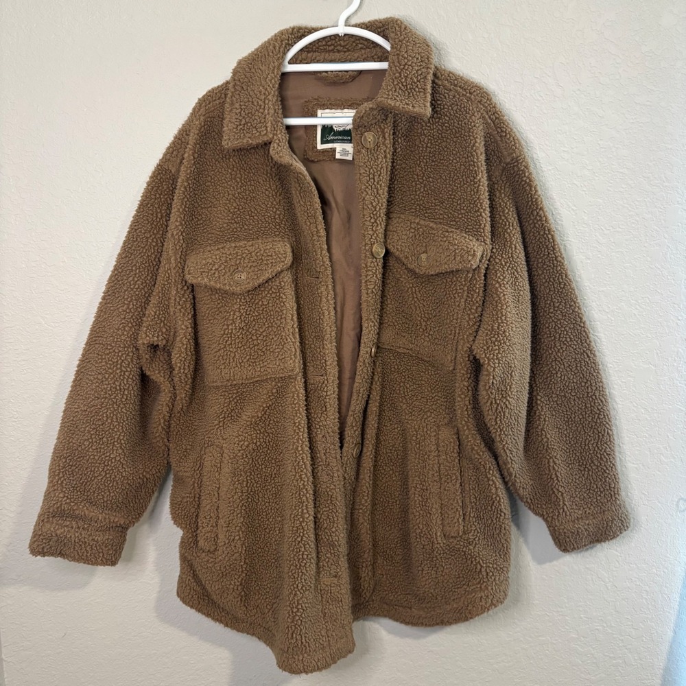 American Eagle Sherpa Fleece Shacket Brown Oversized Button Front Jacket XXL